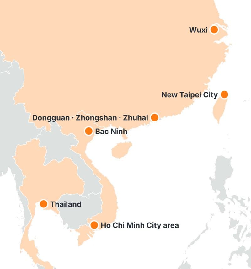 Map of China, Taiwan, Vietnam and Thailand showing production locations